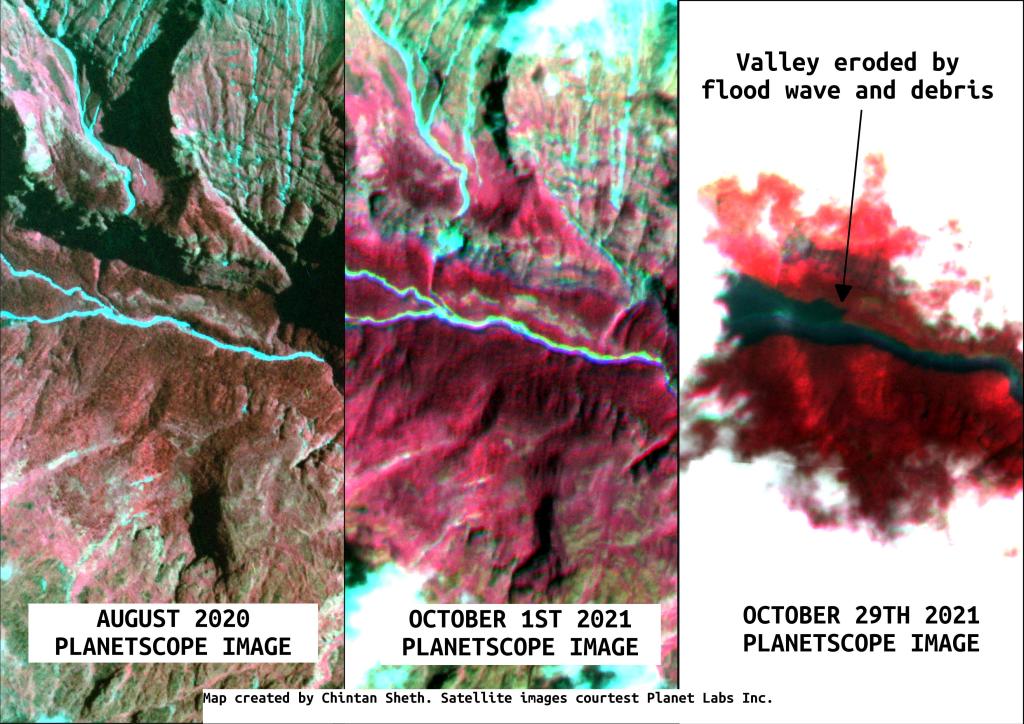 A composite set of Planet Labs images showing the change in the visible section of channel on the Warriyang Bung river in northern India. 