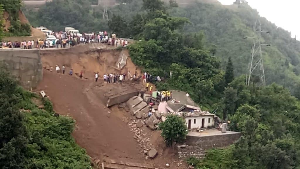 A landslide on the Char Dham highway network at Devprayag.