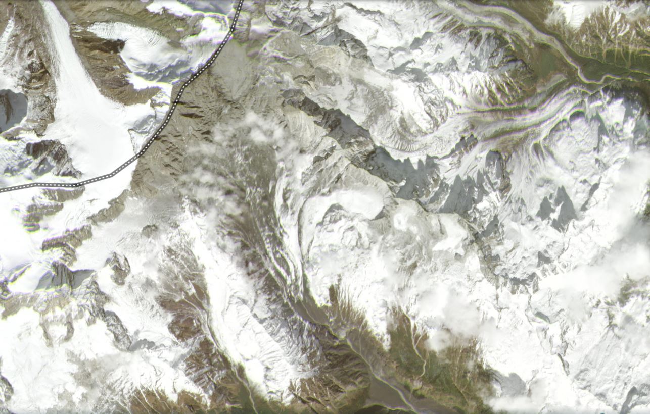 Satellite image, captured on 17 November 2021, showing the landslide affected area in the headwaters of the Kamang Valley. 