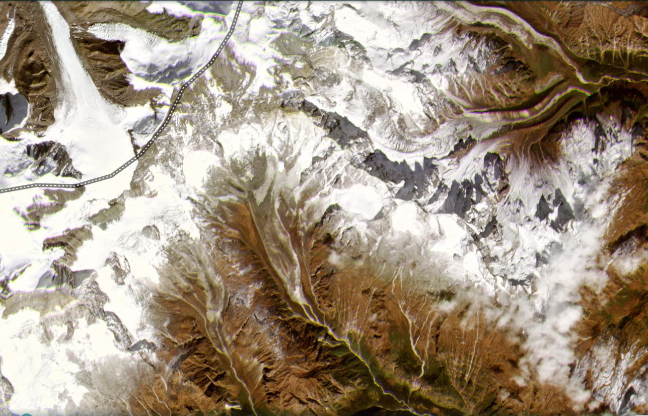 Satellite image, captured on 13 November 2020, showing the landslide affected area in the headwaters of the Kamang Valley.