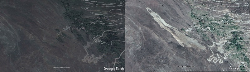 Google Earth images showing before and after the Tonghua landslide in China