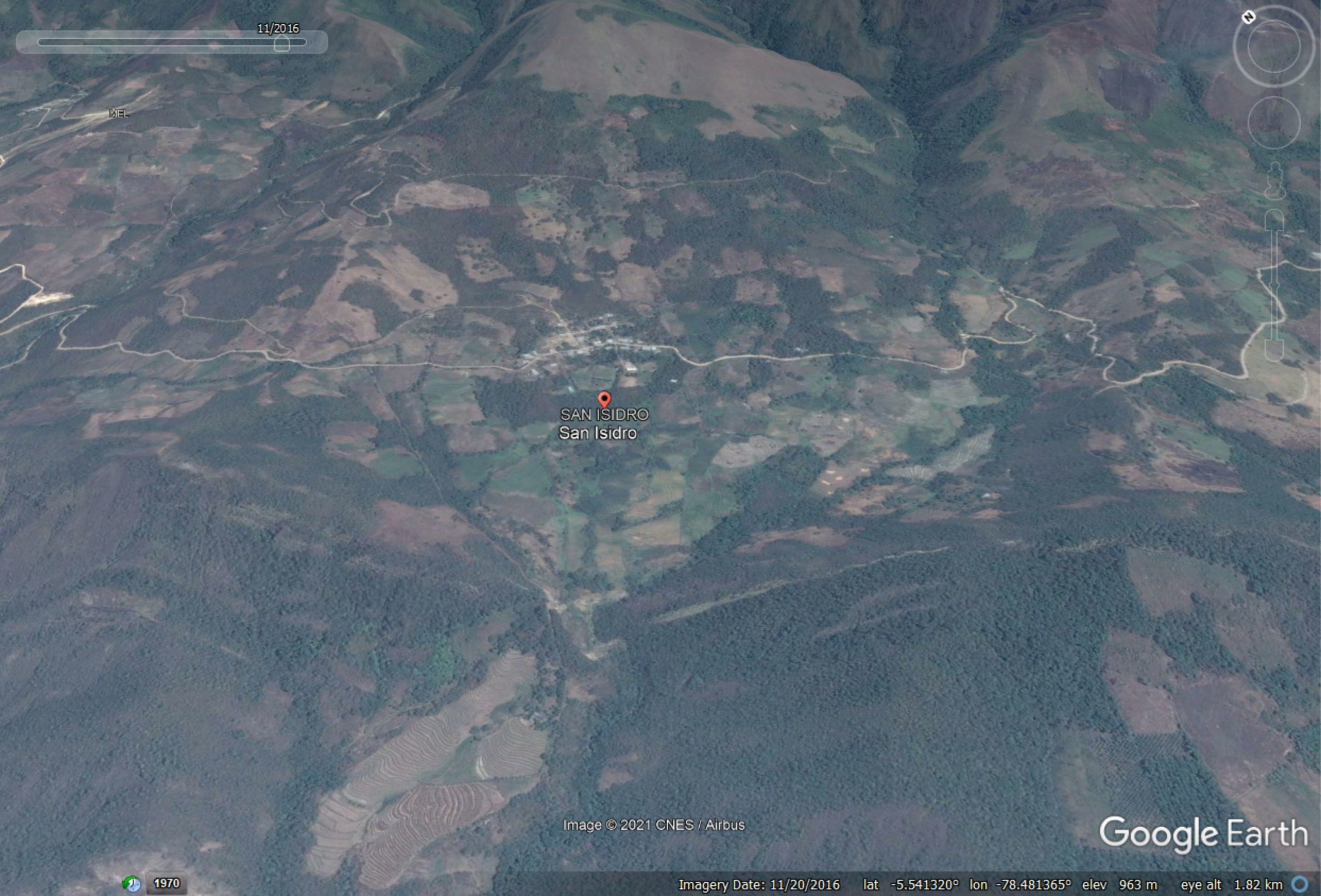 Google Earth image of the possible location of the landslide at San Isidro in Peru.