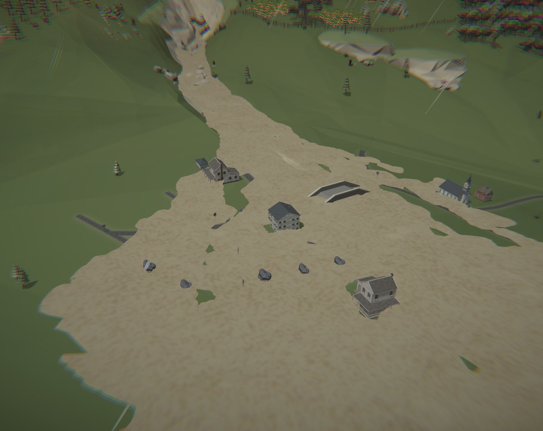 A simulation of a large debris flow on a small village in Murgame.