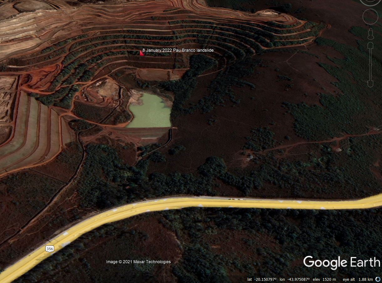 Google Earth image of the configuration of the site of the 8 January 2022 landslide at Pau Branco.