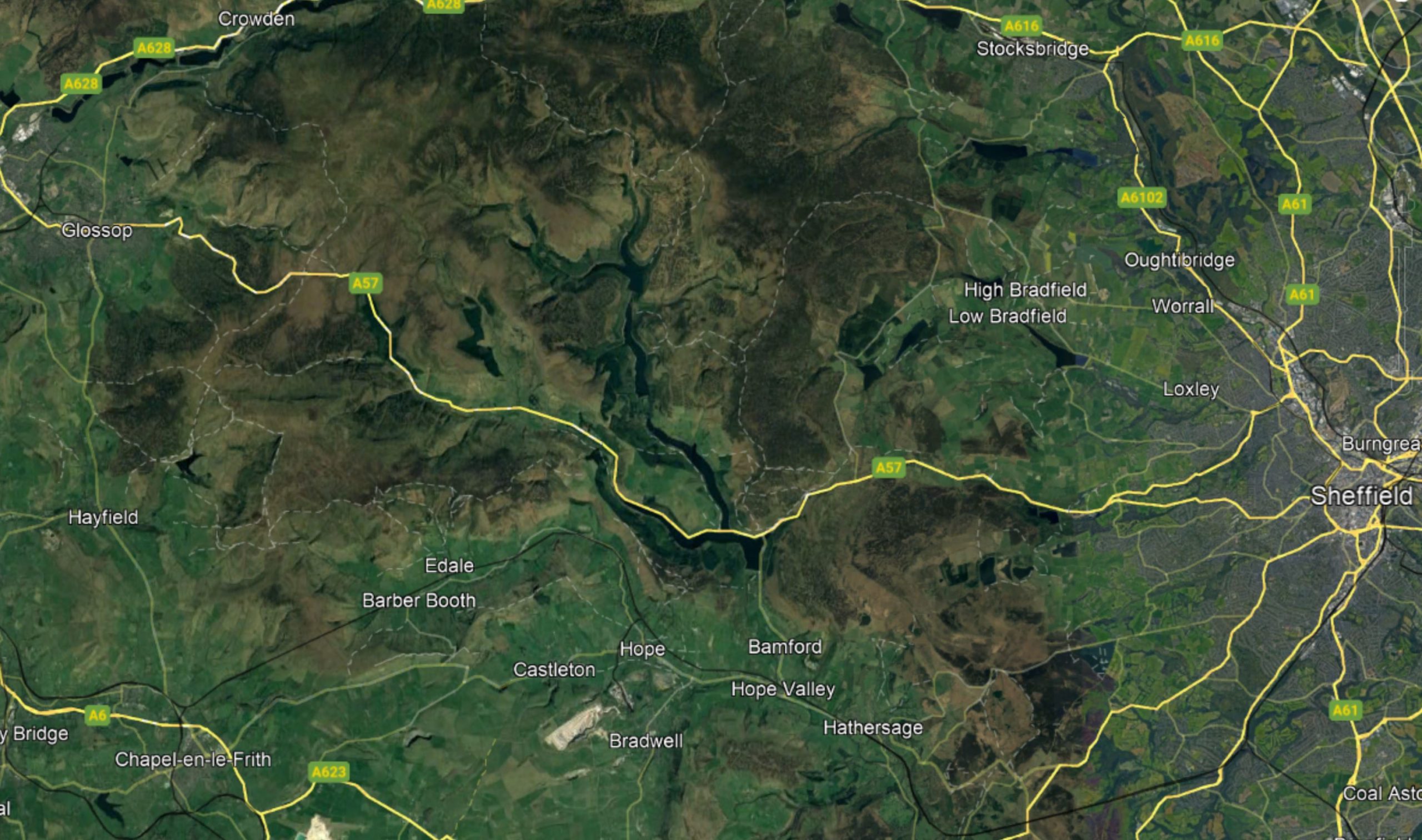 Google Earth map of the A57 Snake Pass in northern England.