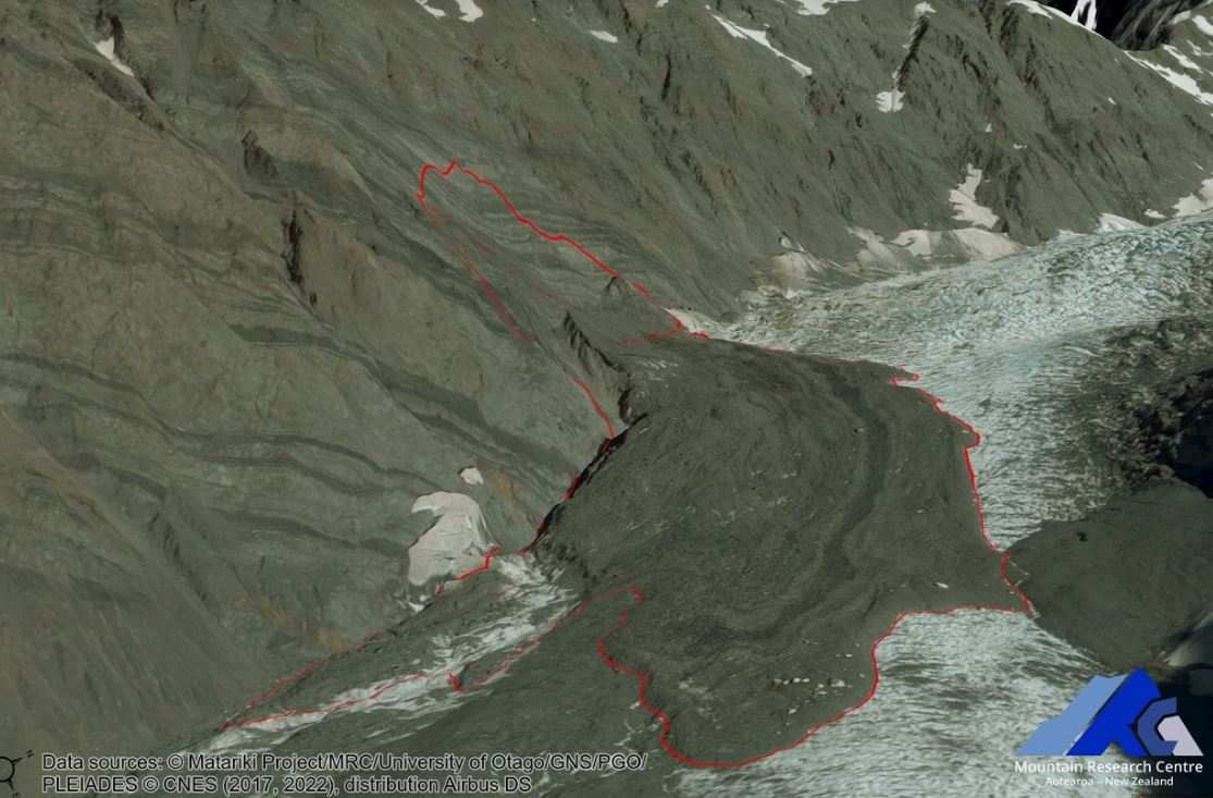 3D view of the  February 2022 landslide at Beatrice in the Hooker Valley in New Zealand. 
