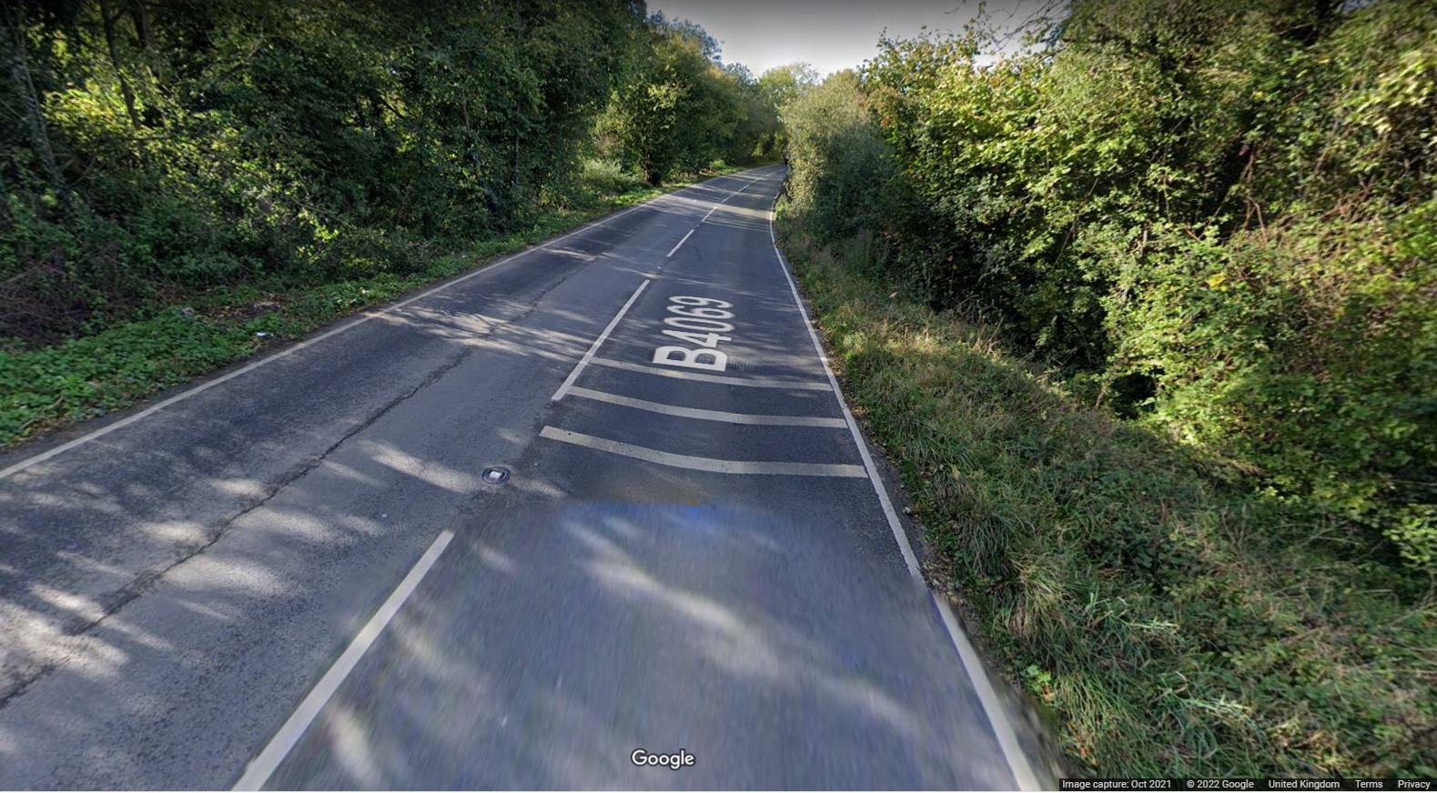 Google StreetView of a section of the B6049 near to Lyneham, showing extensive cracking in the road. 