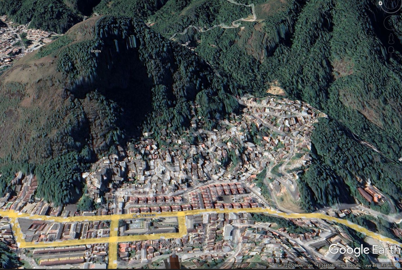 Google Earth image of the site of the landslide at Morro da Oficina in Petropolis.
