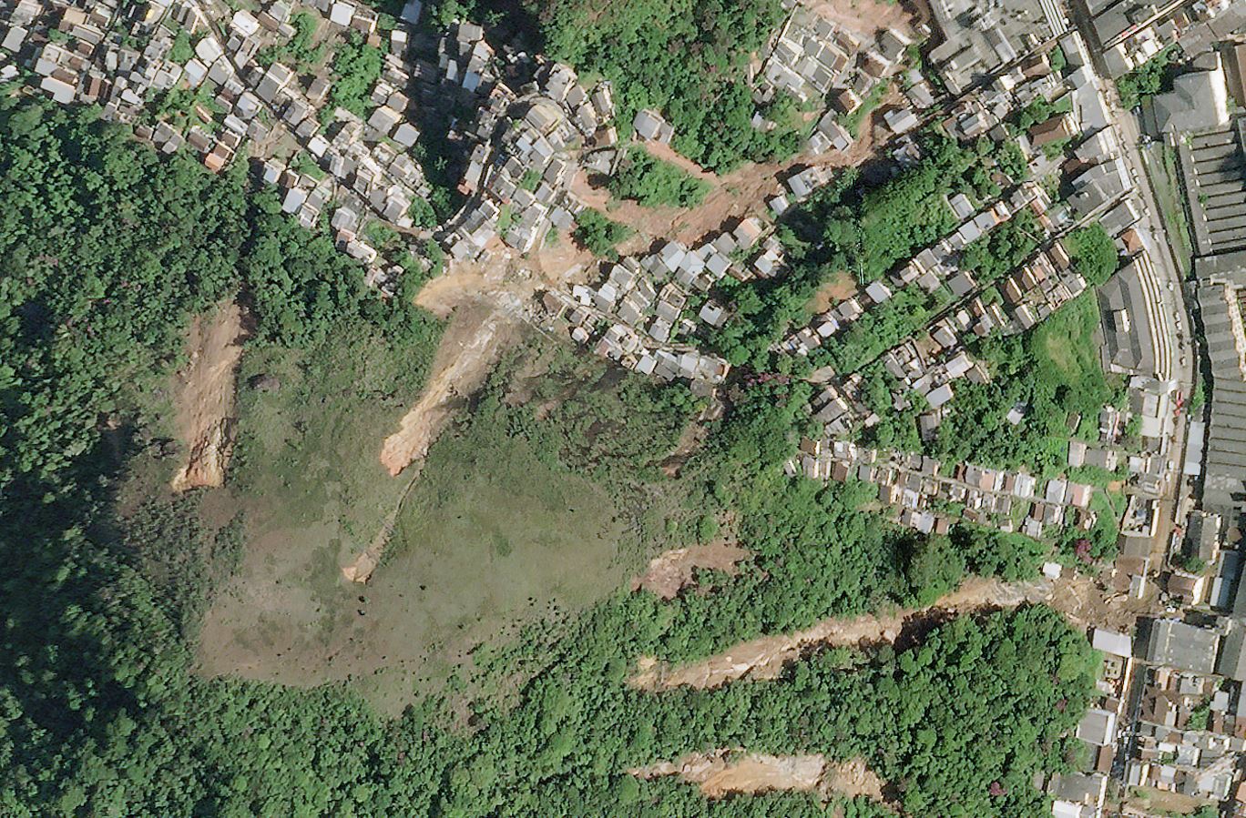 High resolution satellite image of the urban landslides in the north of the city of Petrópolis in Brazil.