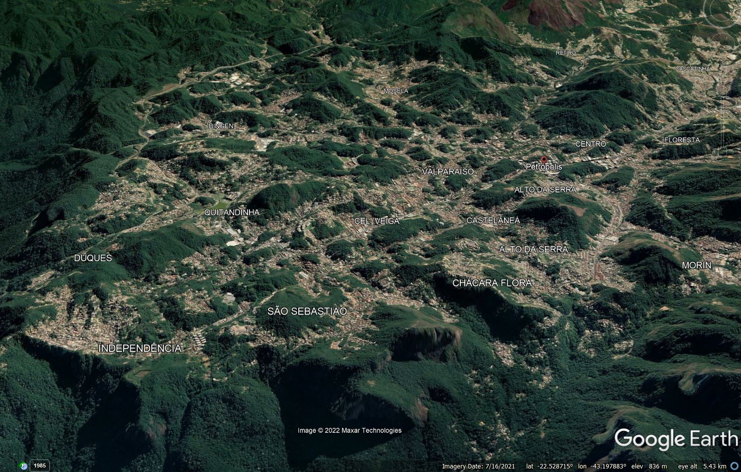 Google Earth image of the city of Petrópolis in Brazil.