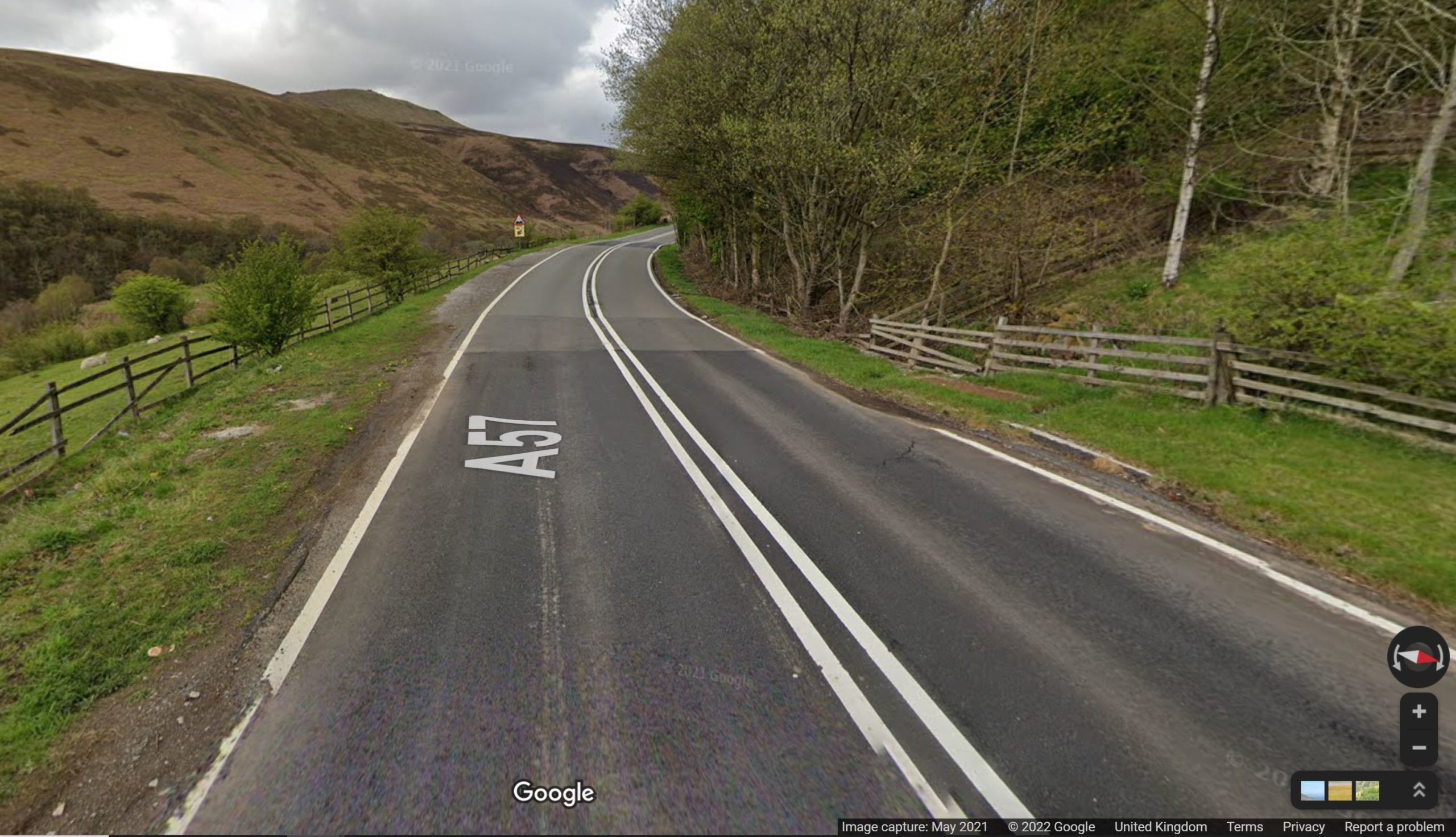 Google Street Map image of a landslide damaged section of the A57 Snake Pass.