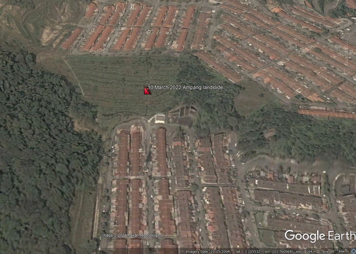 Google Earth image of the location of the Ampang landslide in Malaysia.