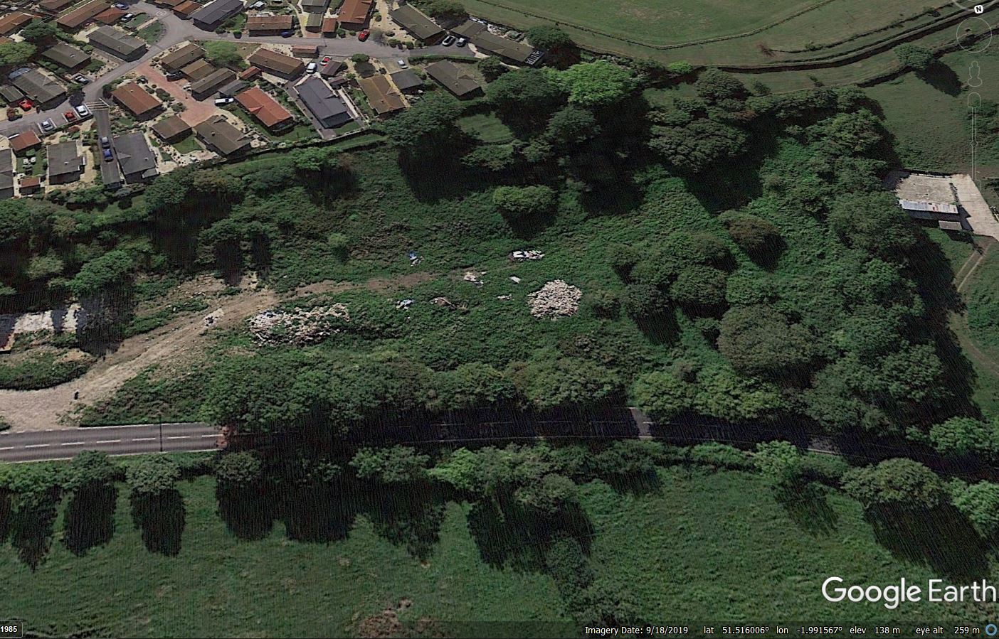 Google Earth image of the site of the Lyneham landslide in Wiltshire.
