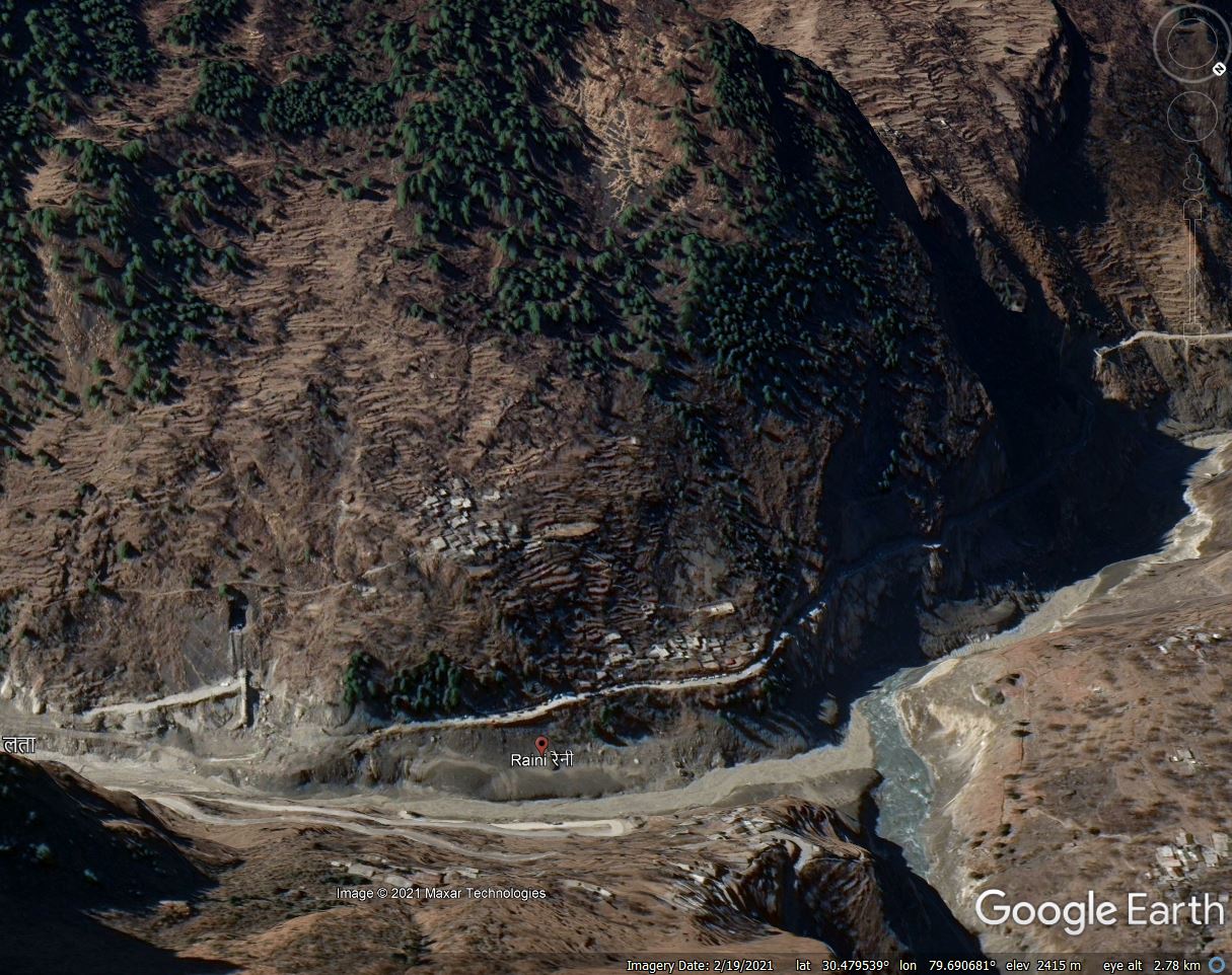 Google Earth image of the village of Raini in northern India
