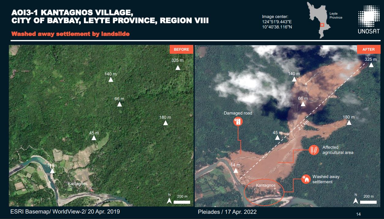 Before and after UNOSAT analysis of Worldview and  Pleiades imagery of the landslide at Kantagnos village in Leyte. 