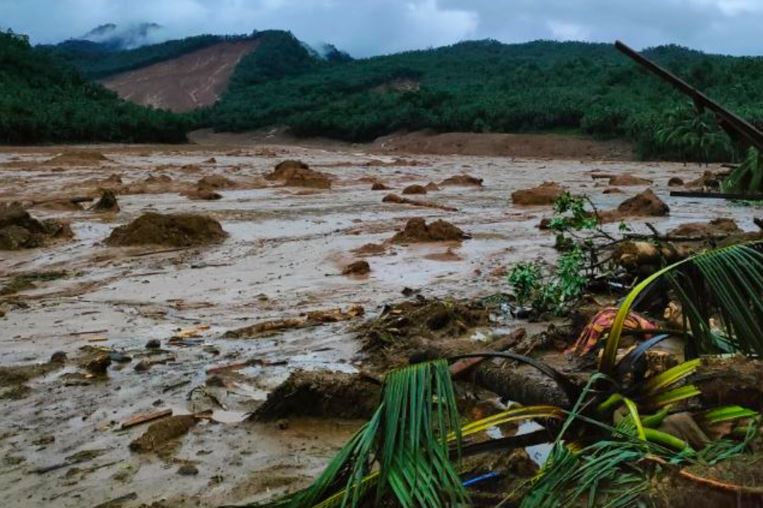The aftermath of a landslide, possibly at Kantagnos village in Baybay City, Leyte, Philippines, triggered by Tropical Depression Agaton.
