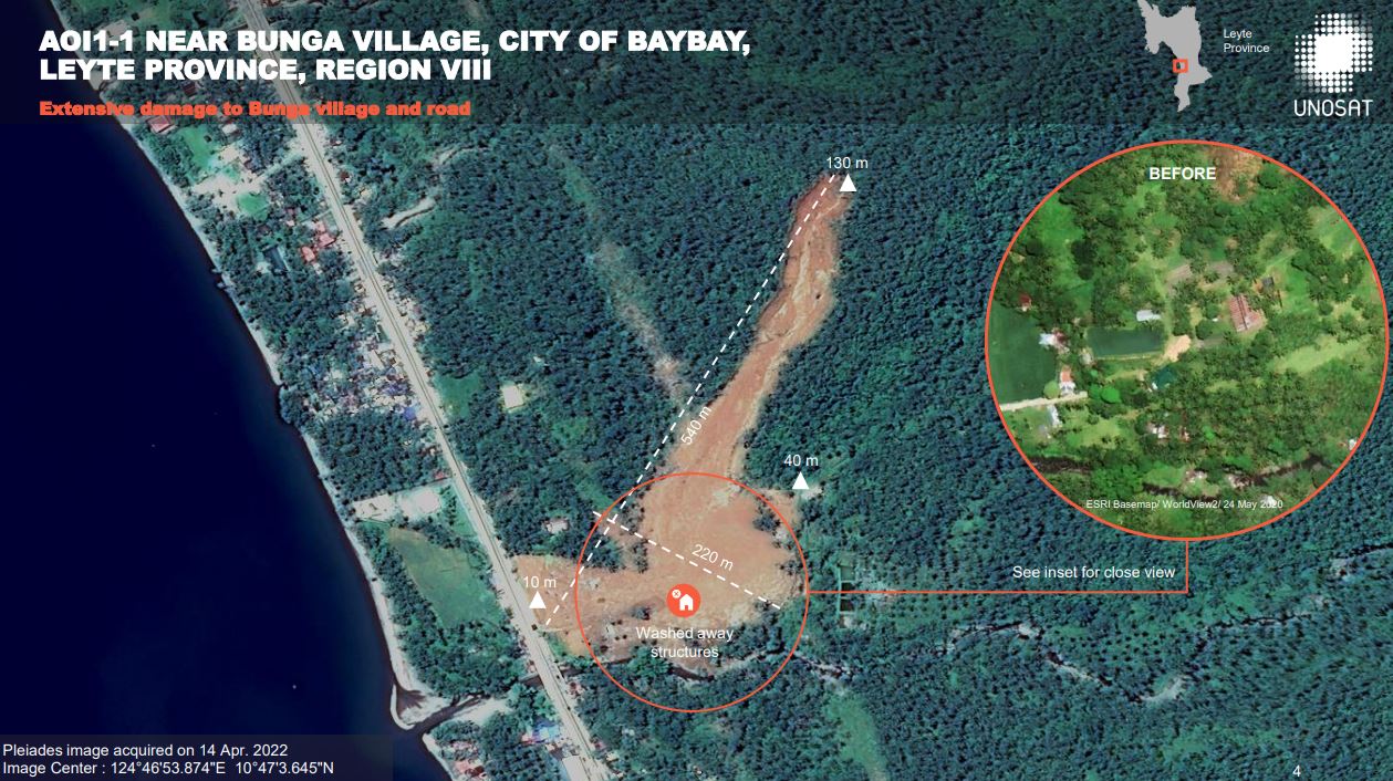 UNOSAT analysis of a Pleiades image of the landslide at Bunga village in Leyte. 