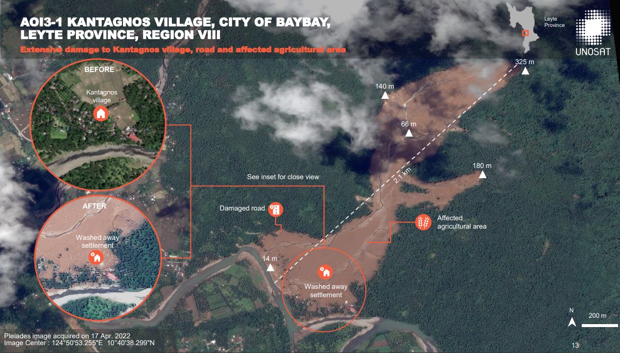 UNOSAT analysis of a Pleiades image of the landslide at Kantagnos village in Leyte. 