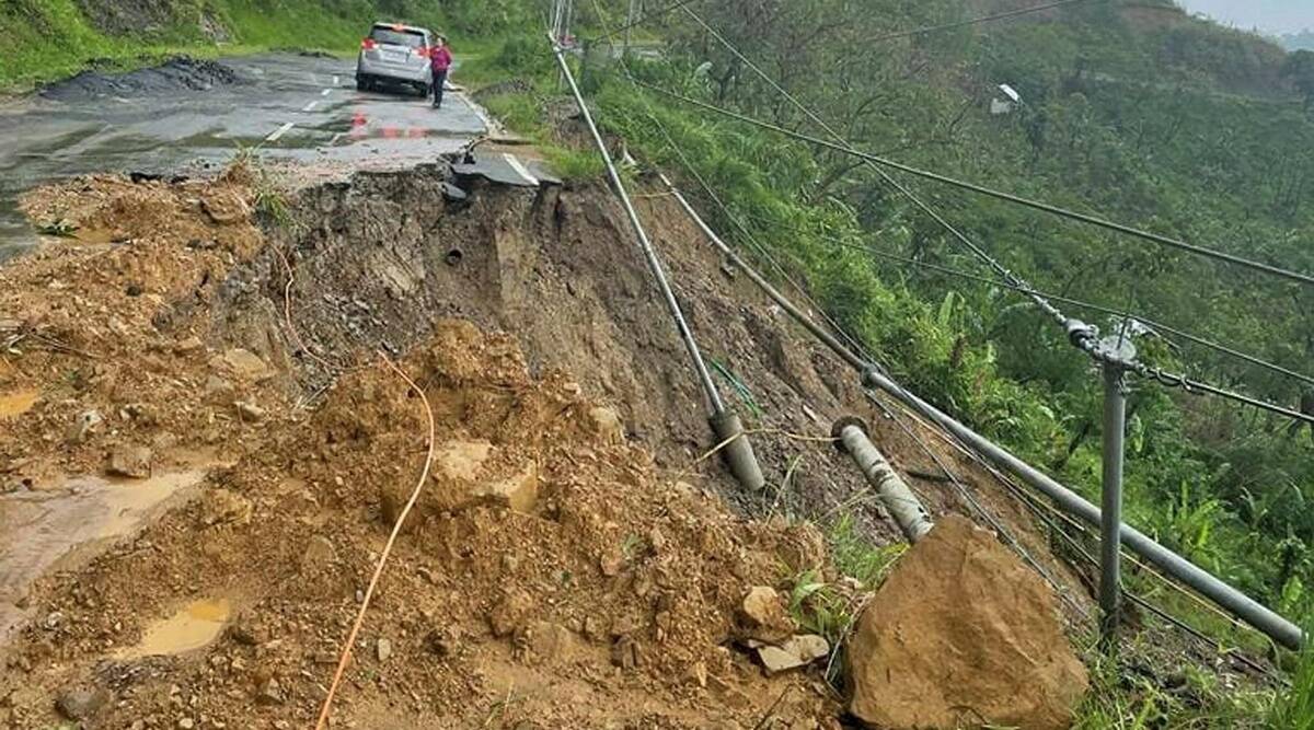 A landslide on a road in Dima Hasao district, Assam, India. 