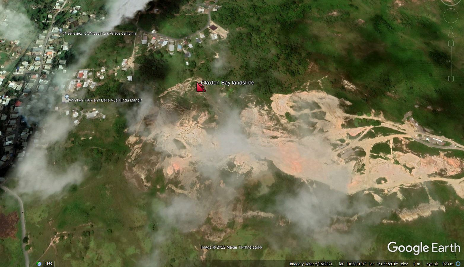 Google Earth image of the site of the Claxton Bay landslide in Trinidad