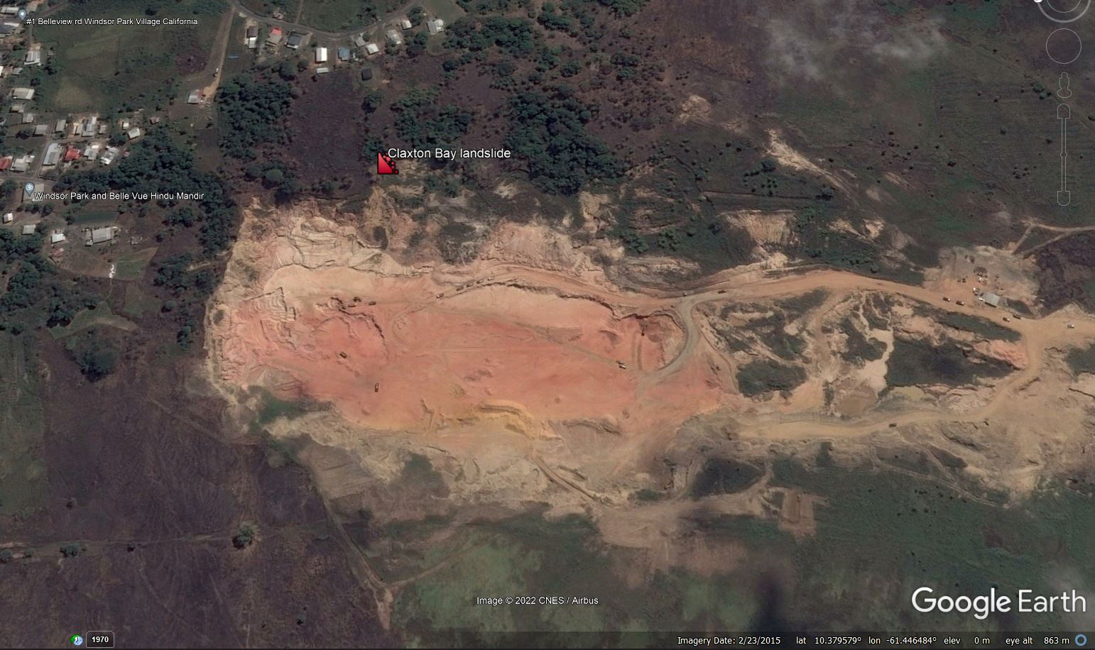 Google Earth image of the site of the Claxton Bay landslide in Trinidad, collected in February 2015, before the landslide retrogressed to affect the houses.