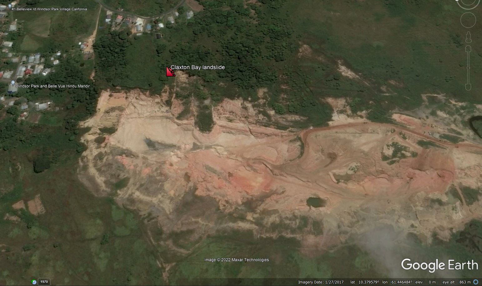 Google Earth image of the site of the Claxton Bay landslide in Trinidad, collected in January 2017, before the landslide retrogressed to affect the houses.