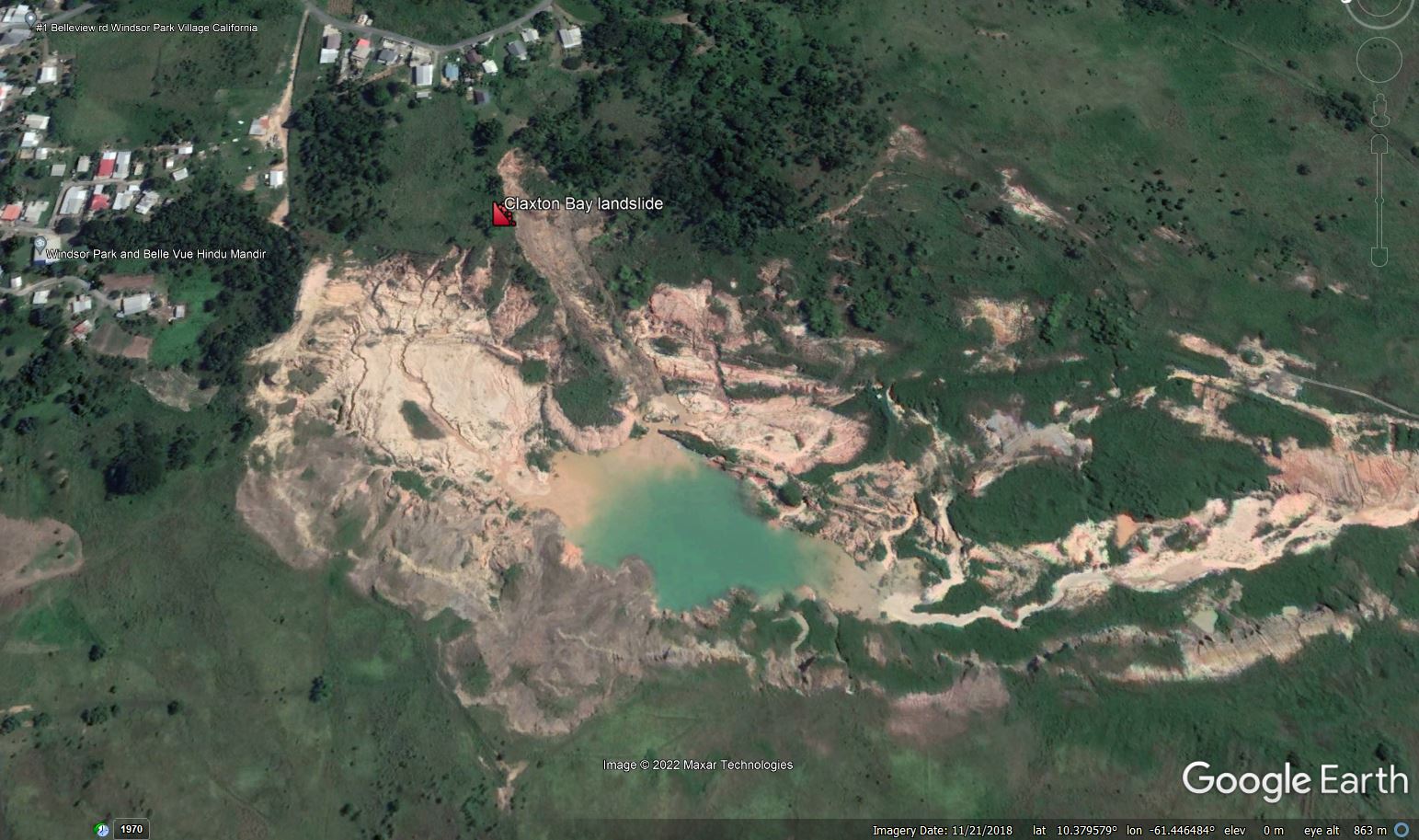 Google Earth image of the site of the Claxton Bay landslide in Trinidad, collected in November 2018, before the landslide retrogressed to affect the houses.