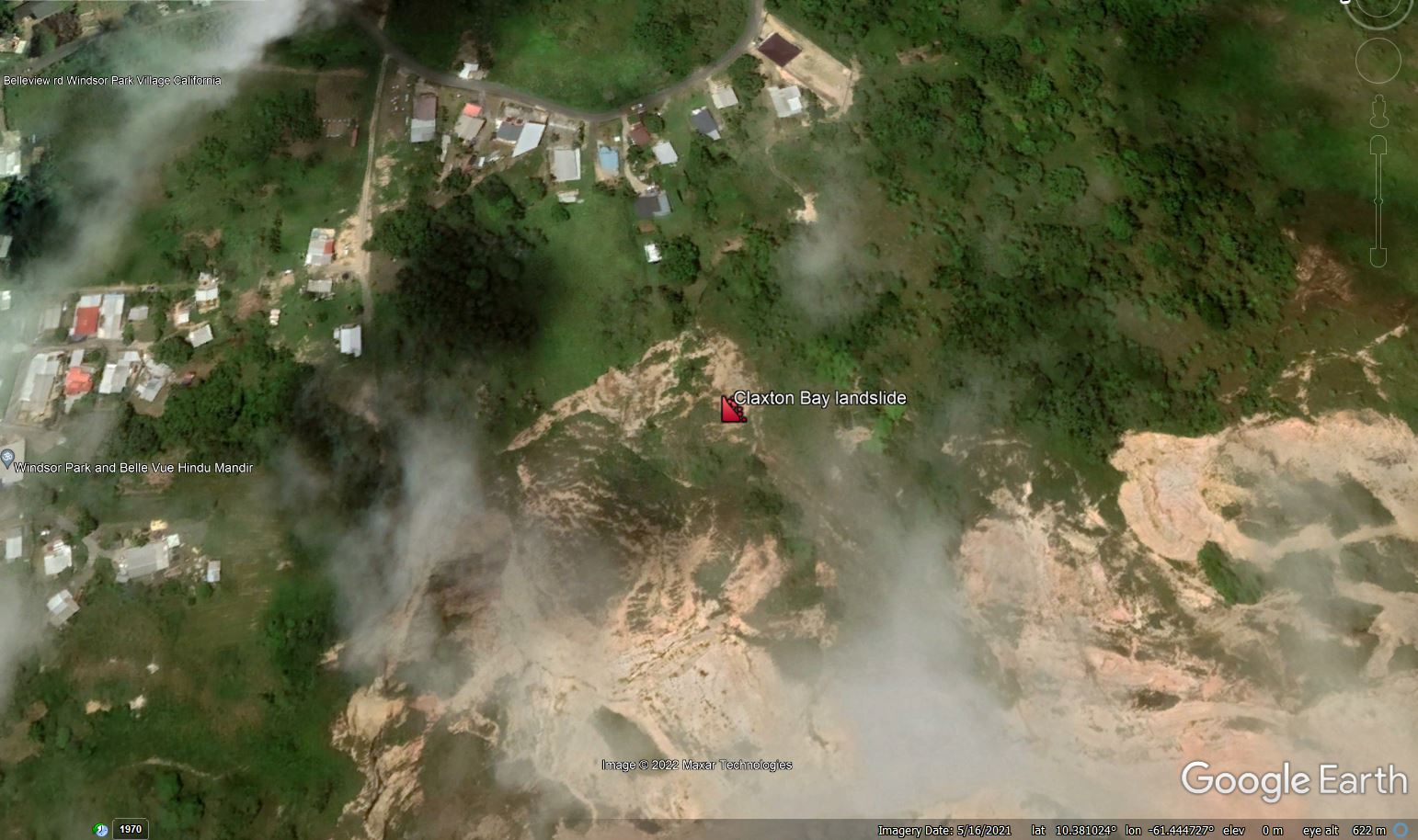 Zoomed in Google Earth image of the site of the Claxton Bay landslide in Trinidad, collected in May 2021.