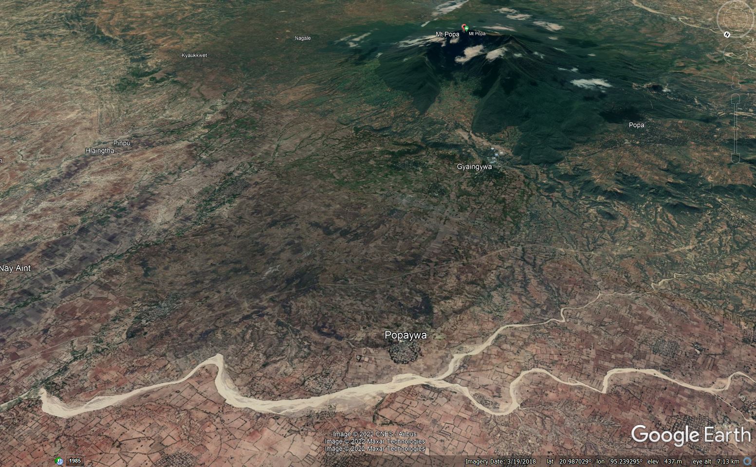 Google Earth image of the aftermath of the flank collapse at Mount Popa in Myanmar.