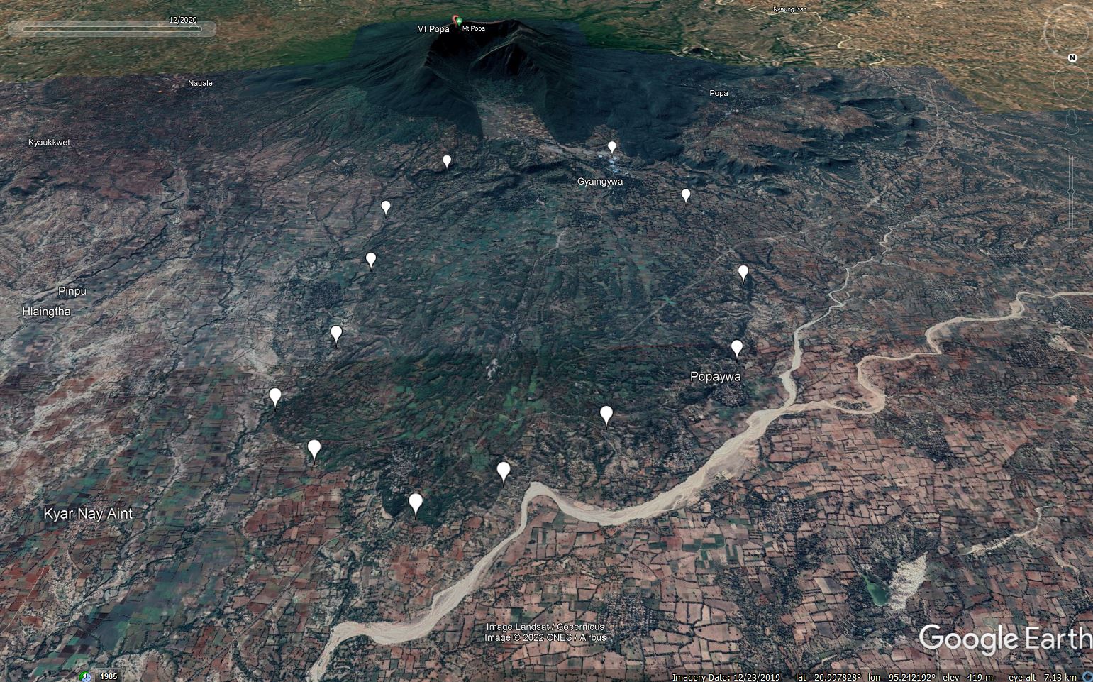 Google Earth image of the aftermath of the flank collapse at Mount Popa in Myanmar, marked with the approximate boundaries of the debris avalanche.