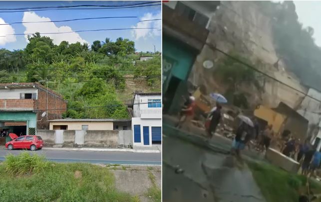 Before and after images of a landslide in the Cohab neighbourhood of Recife, Brazil.