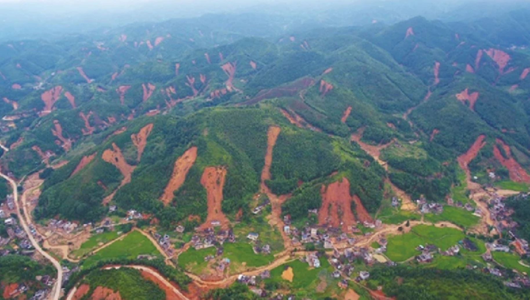 A UAV image of landslides triggered by the June 2019 rainstorm close to Mibei village in Guangdong.