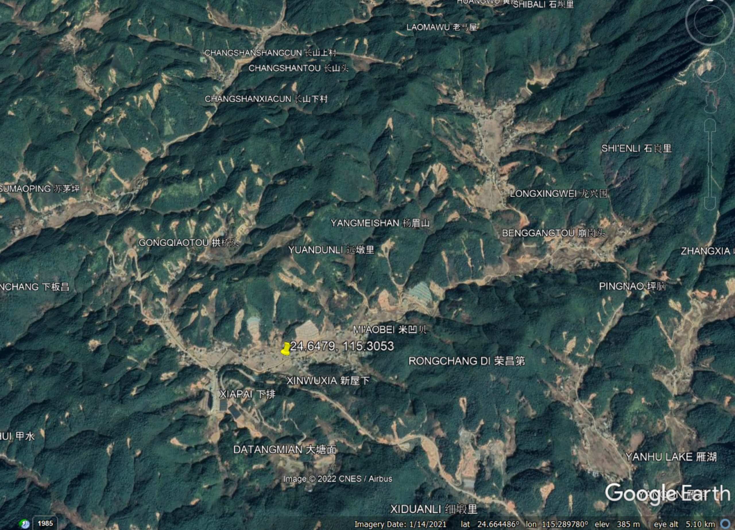 A Google Earth image of the 2019 landslides in the vicinity of Mibei village in Guangdong.