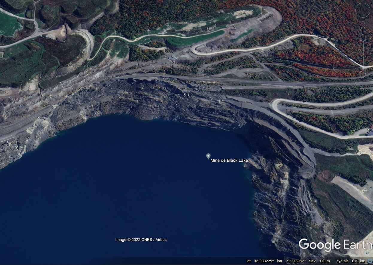 Google Earth image of the Black Lake landslide at Thetford Mines in Quebec, Canada.