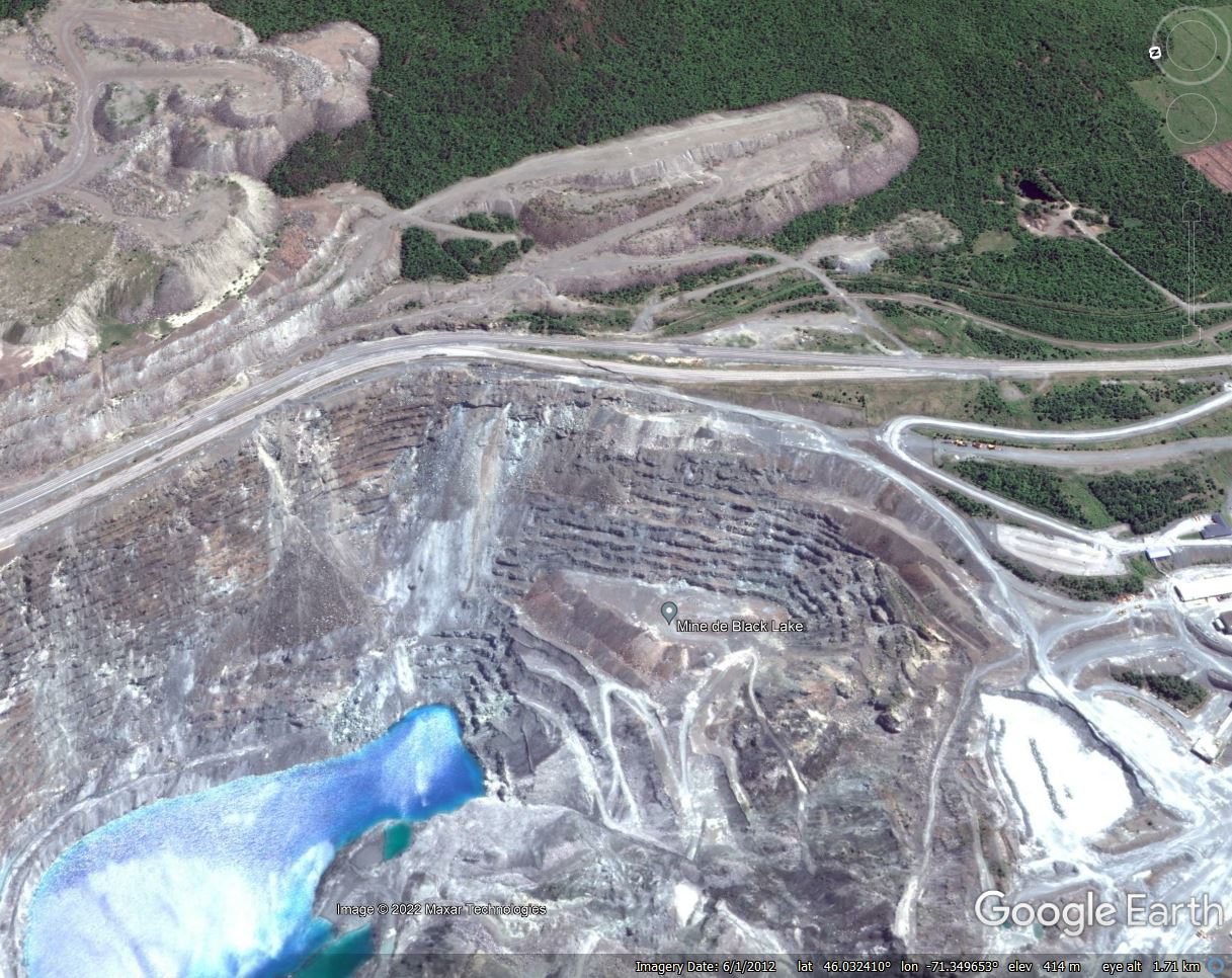 Google Earth image from June 2012 showing the site of the Black Lake landslide at Thetford Mines in Quebec, Canada.
