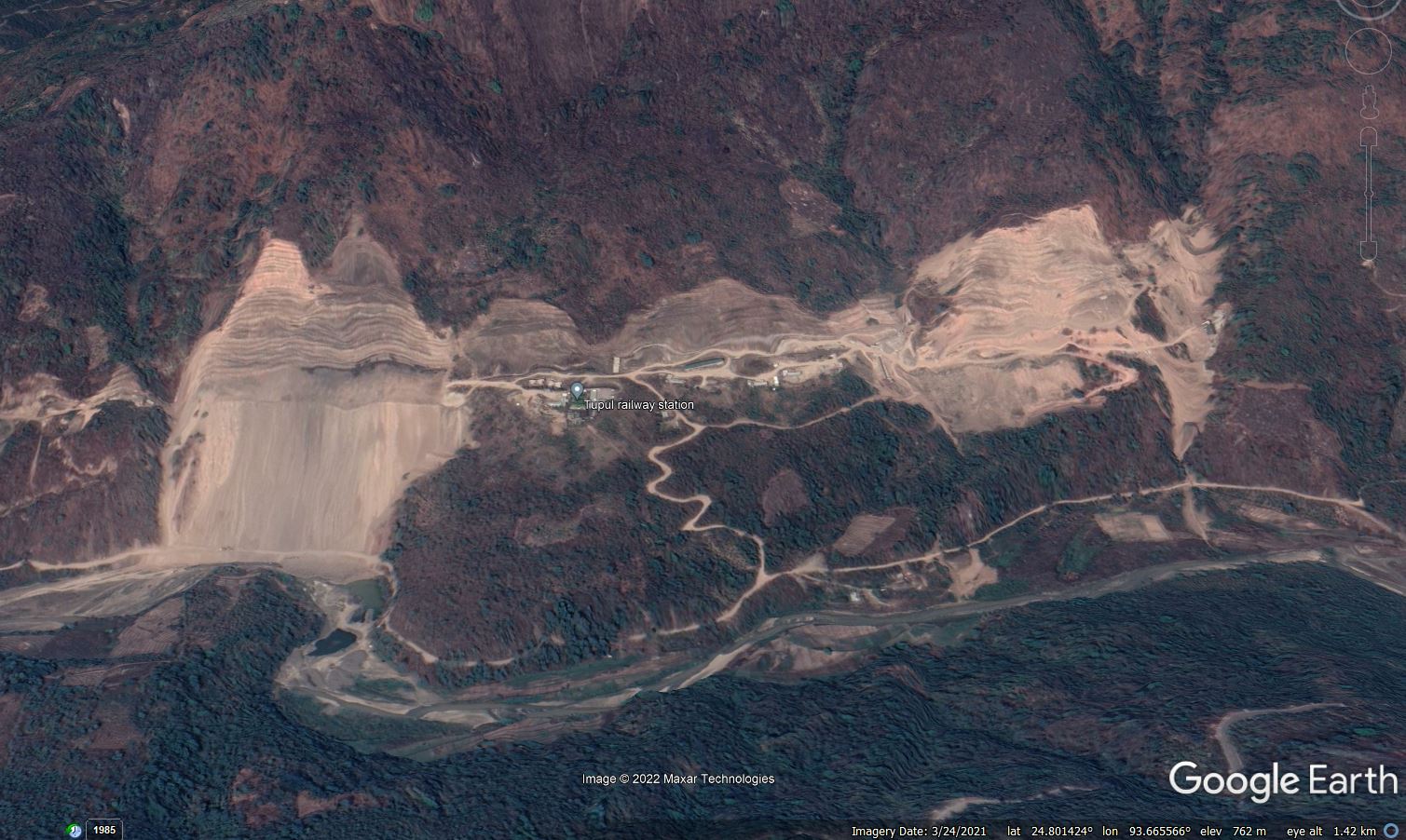 Google Earth image of the site of the 30 June 2022 Tupul landslide in India.