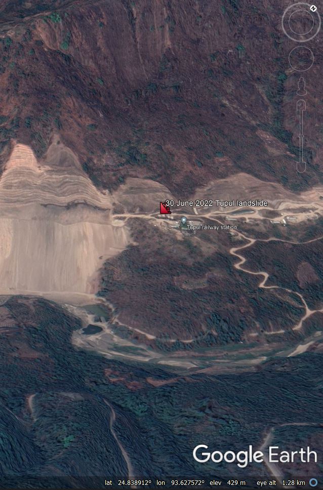 Google Earth image of the section of slope that failed during the 30 June 2022 Tupul landslide in India.