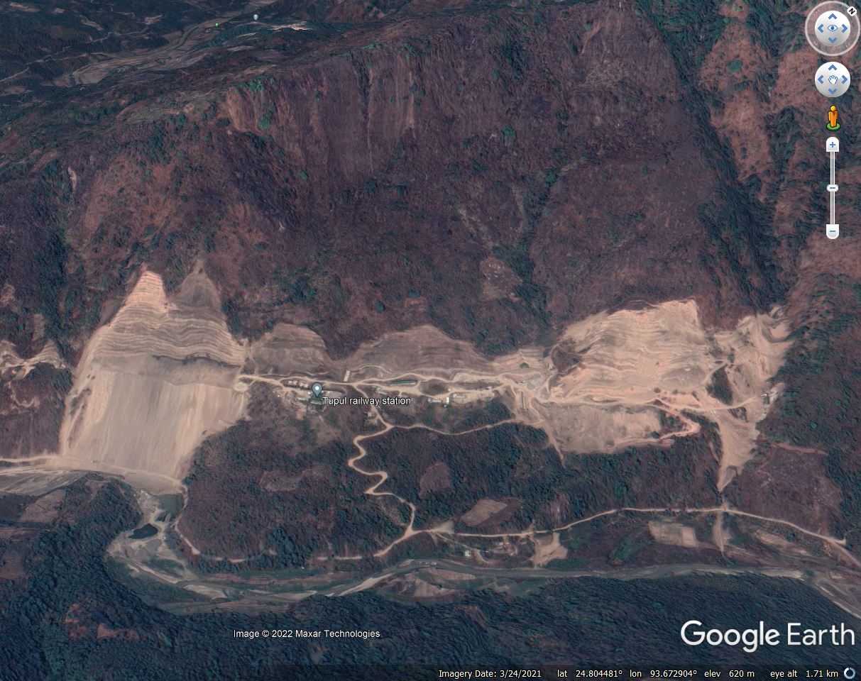 A Google Earth image of the site of the 30 June 2022 landslide at Tupul in northern India.