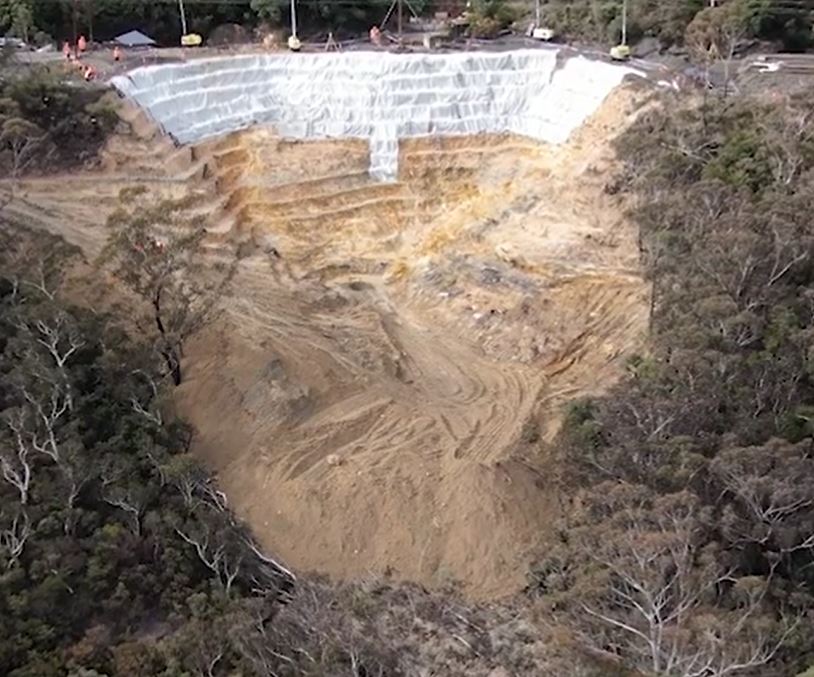 Ongoing mitigation of the landslide at Blackheath in New South Wales. 