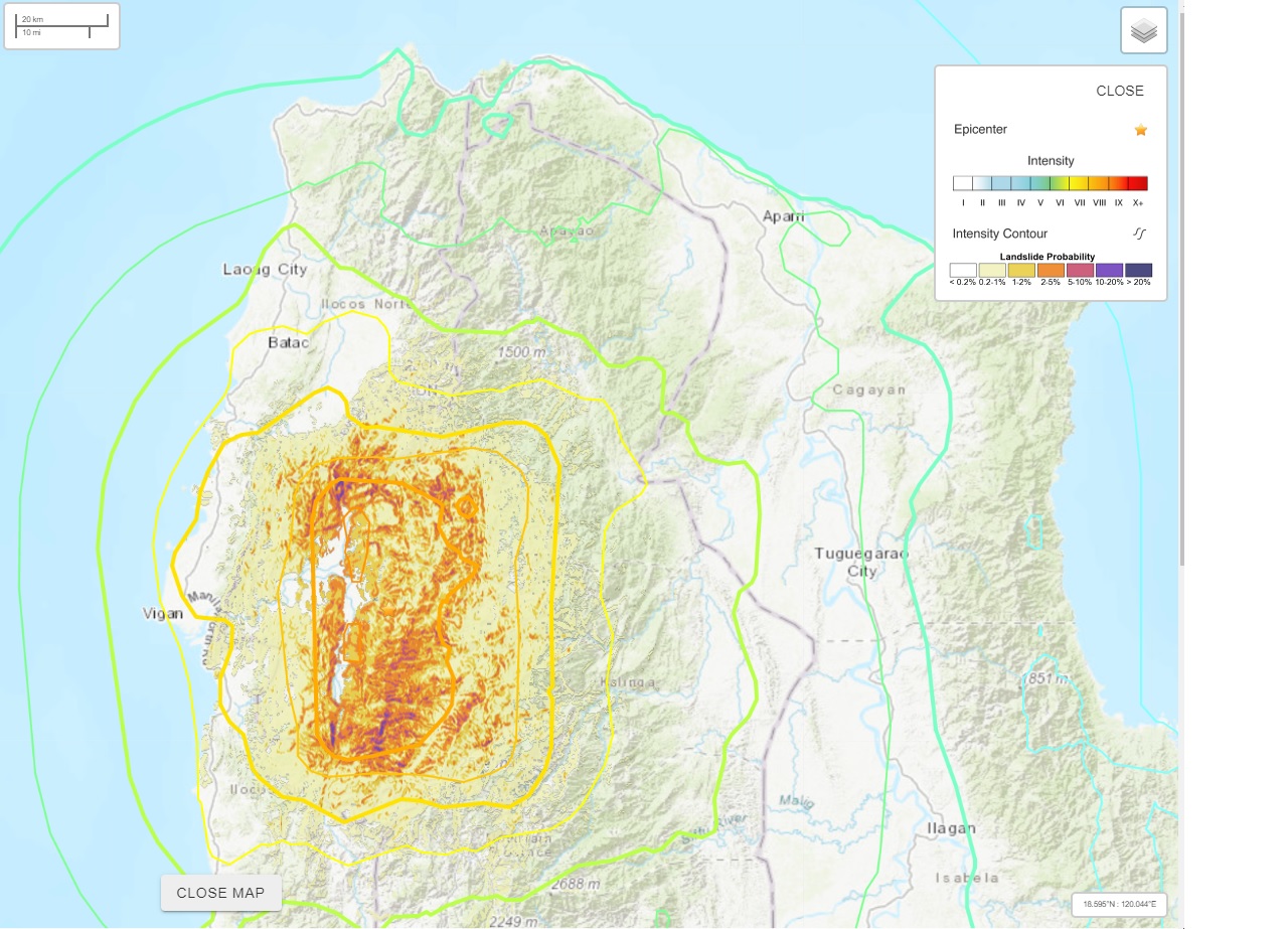 A USGS estimate of landslide probability from the 27 July 2022 earthquake in the Philippines.
