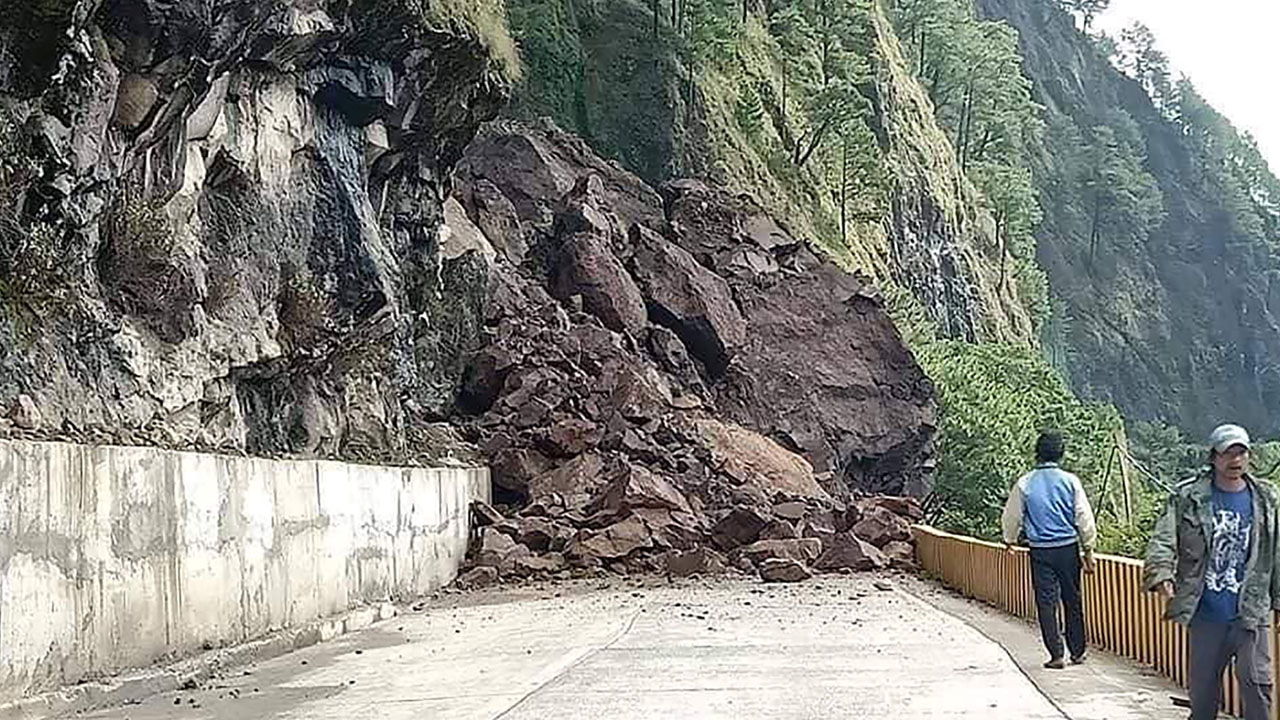 A landslide blocking a road on the Halsema Highway near to Bontoc. 