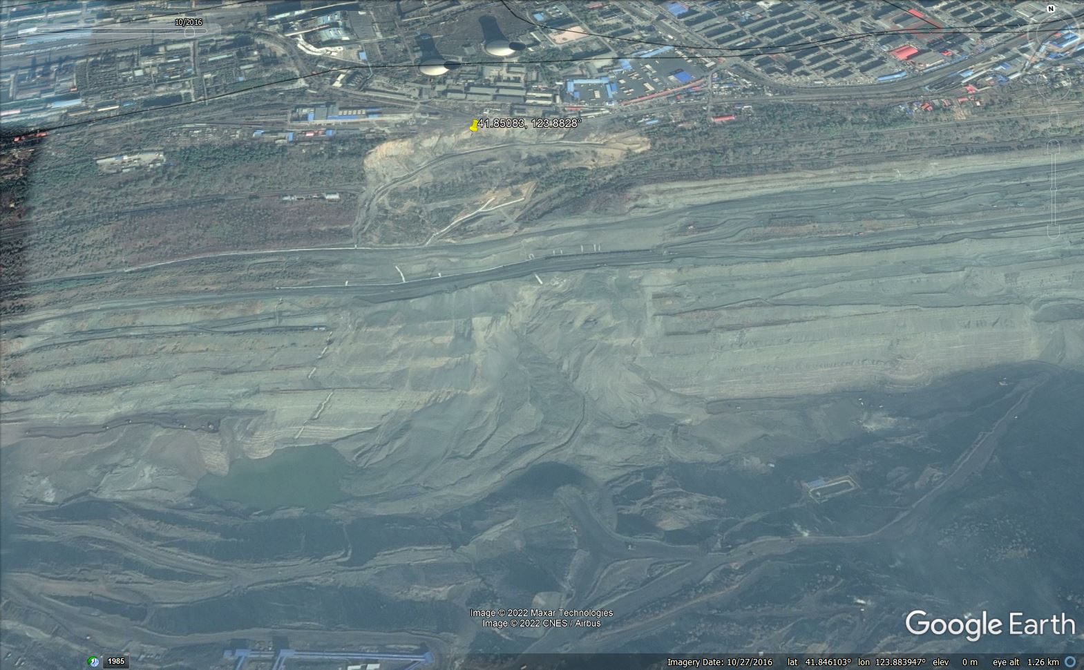 Google Earth image of the aftermath of the 2016 landslide at Fushun in China.