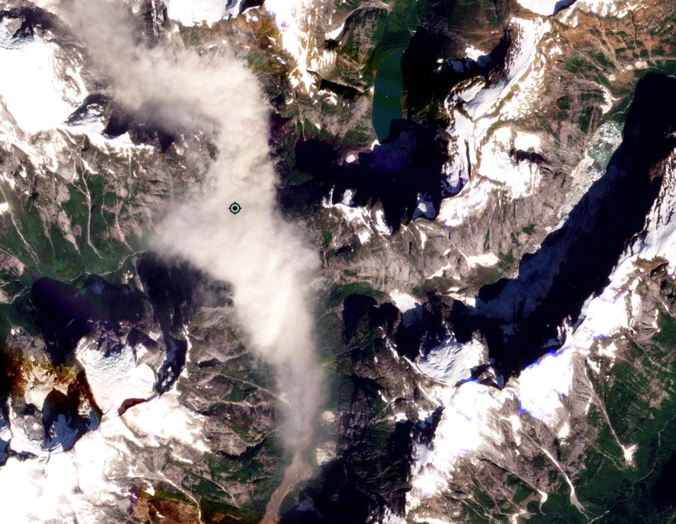 Satellite image of the rock avalanche on the Ecstall River in BC, collected on 1 September 2022. 