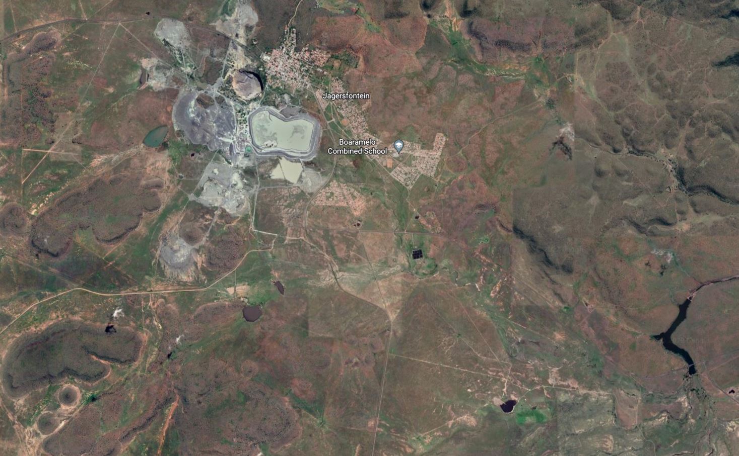 Google Earth image of the Jagersfontein site, including the tailings facility that failed in September 2022.