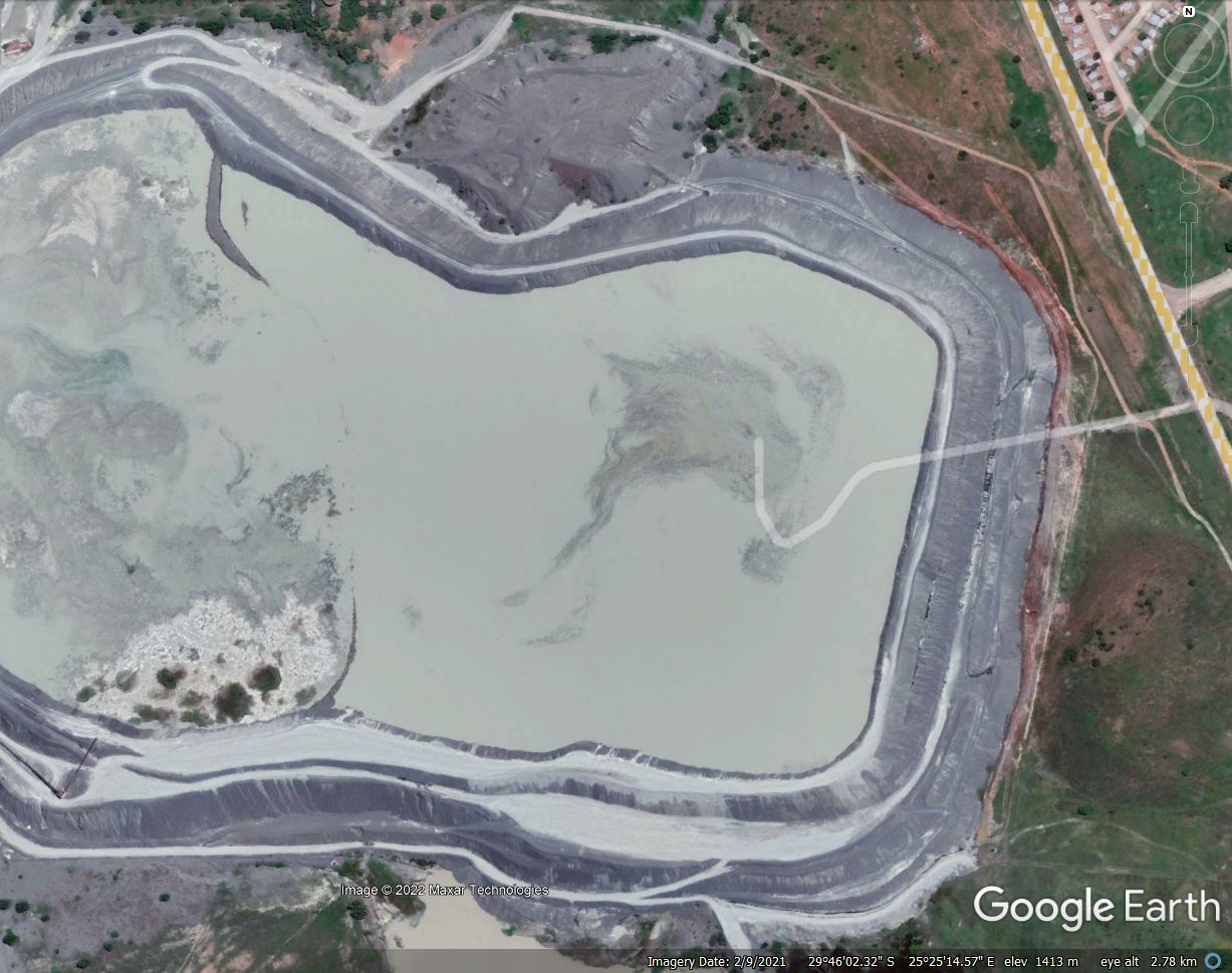 Google Earth image of the Jagersfontein tailings dam from February 2021.