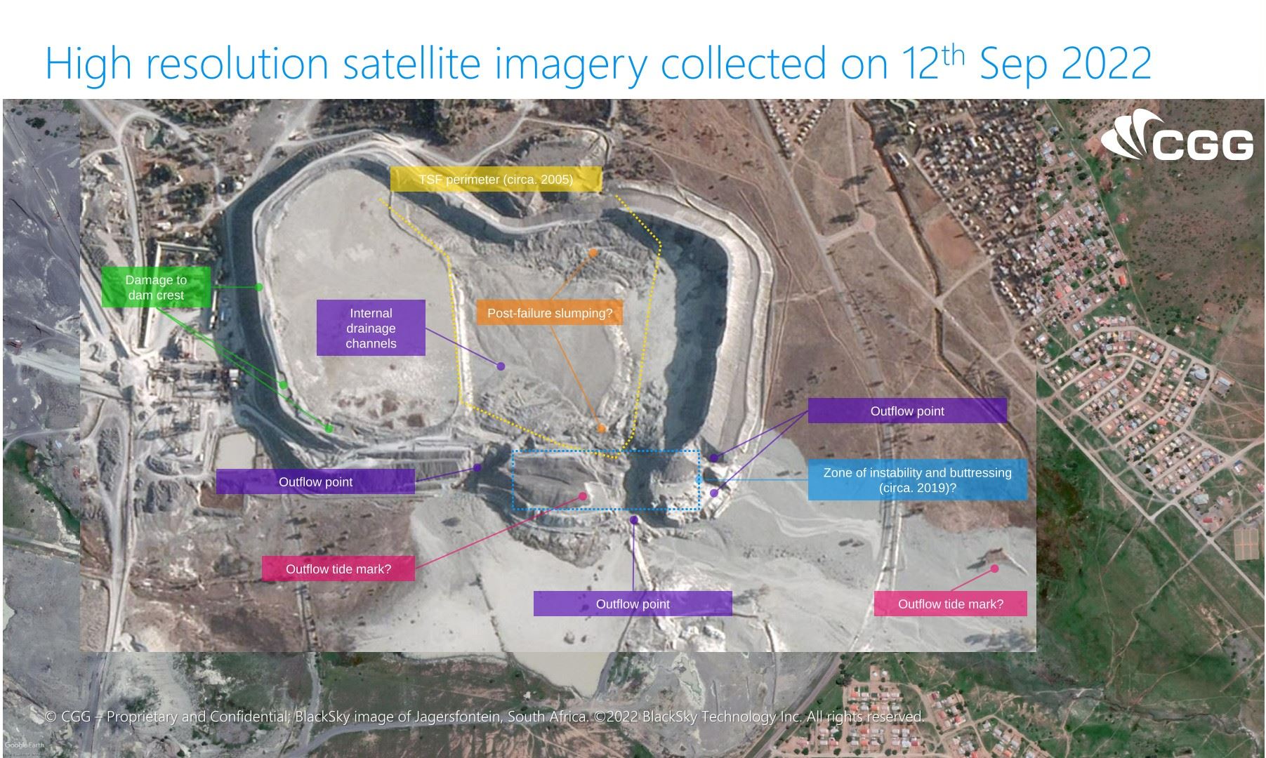 A high resolution satellite image of the aftermath of the Jagersfontein Tailings Storage Facility failure. 