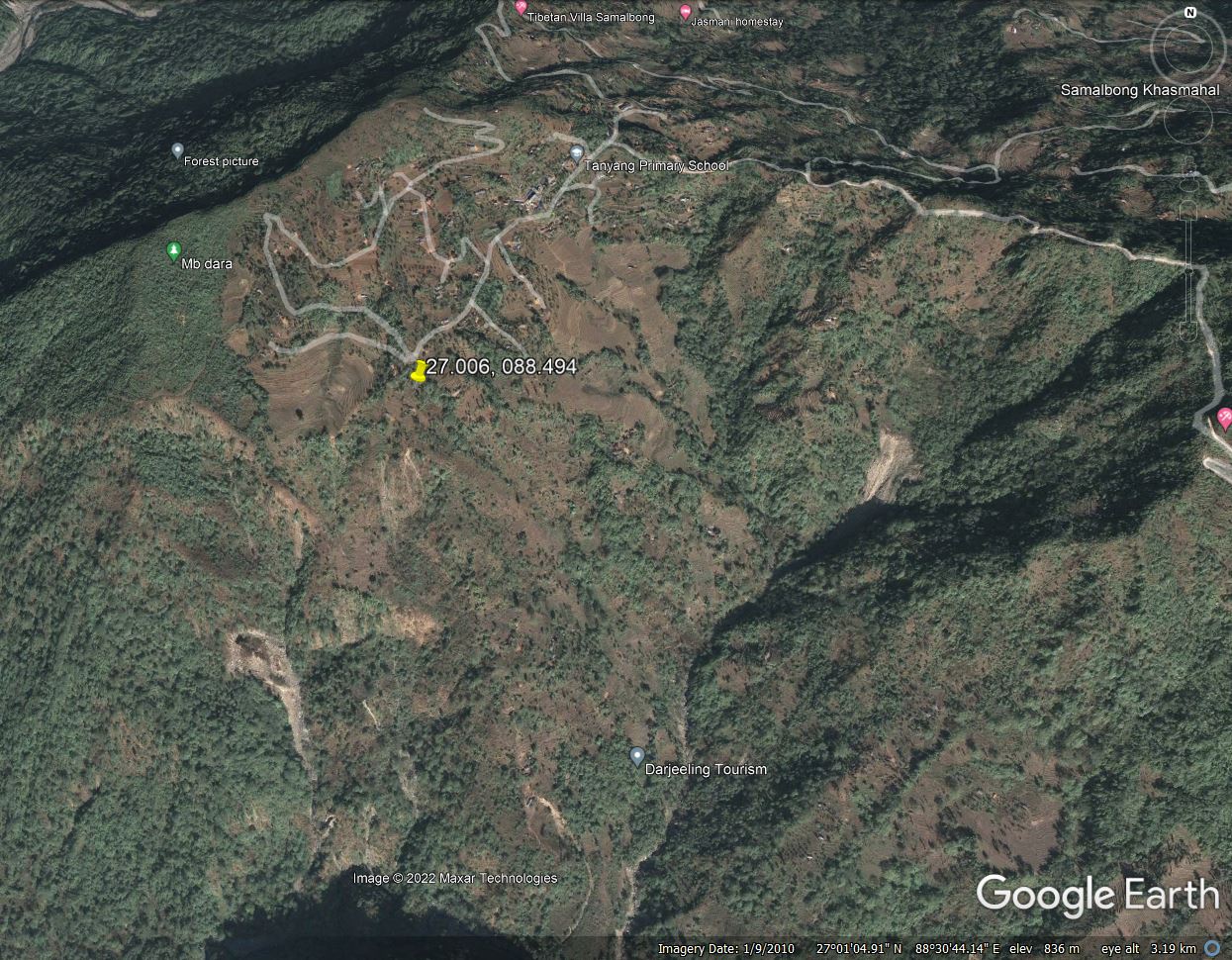The village of Tanyang in northern India, as seen on Google Earth in January 2010.