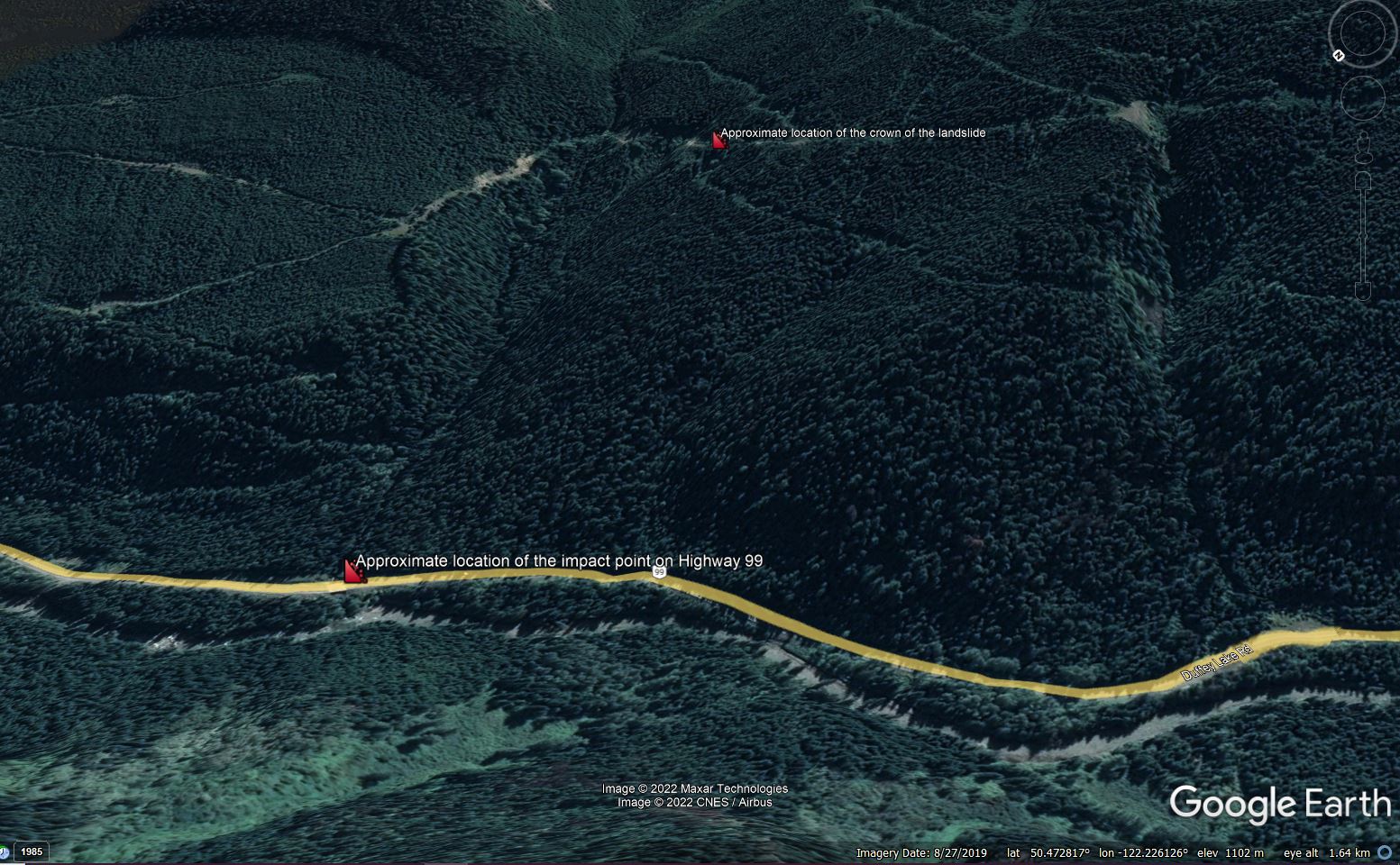 Google Earth image showing the approximate location of the Duffey Lake landslide.