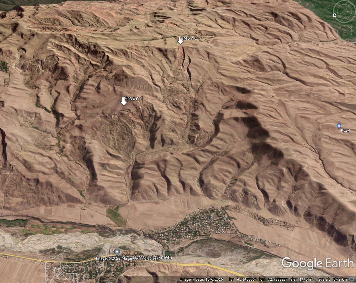 Google Earth perspective view of the Beshbadam landslide in Kyrgyzstan.