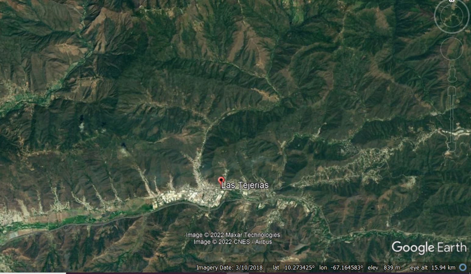 Google Earth view of the town of Las Tejerías in Venezuela.